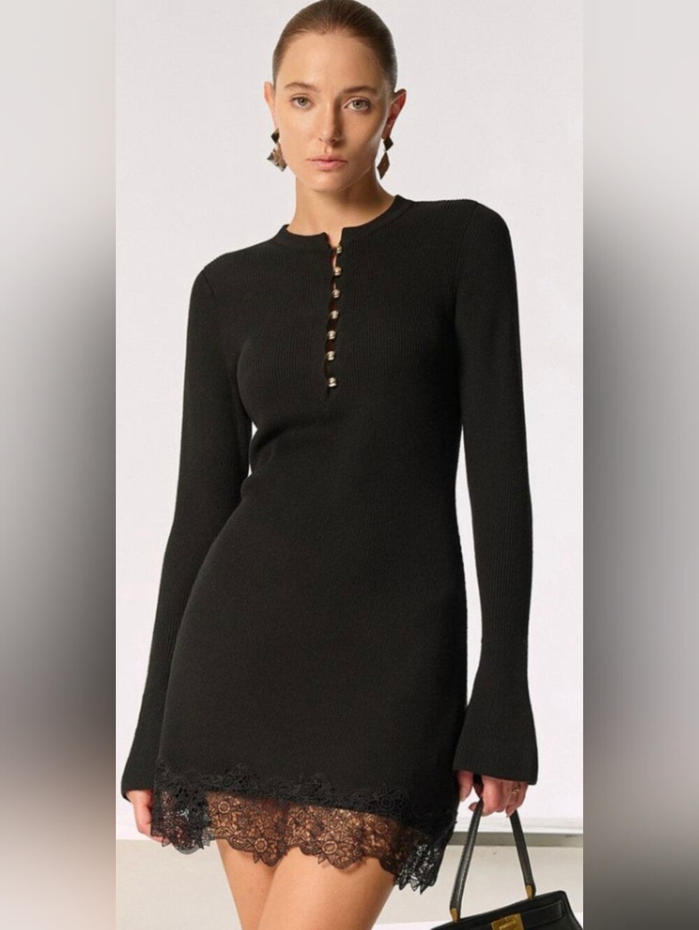 COMMENSE Black Lace-Hem Long Sleeve Dress